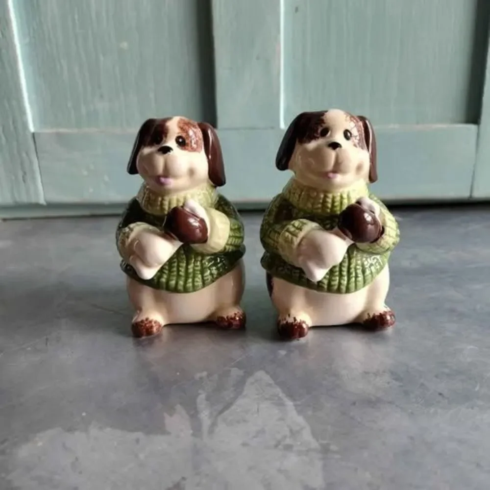 Vintage GKRO Salt & Pepper Shaker Set Porcelain Happy Dogs In Green Sweater